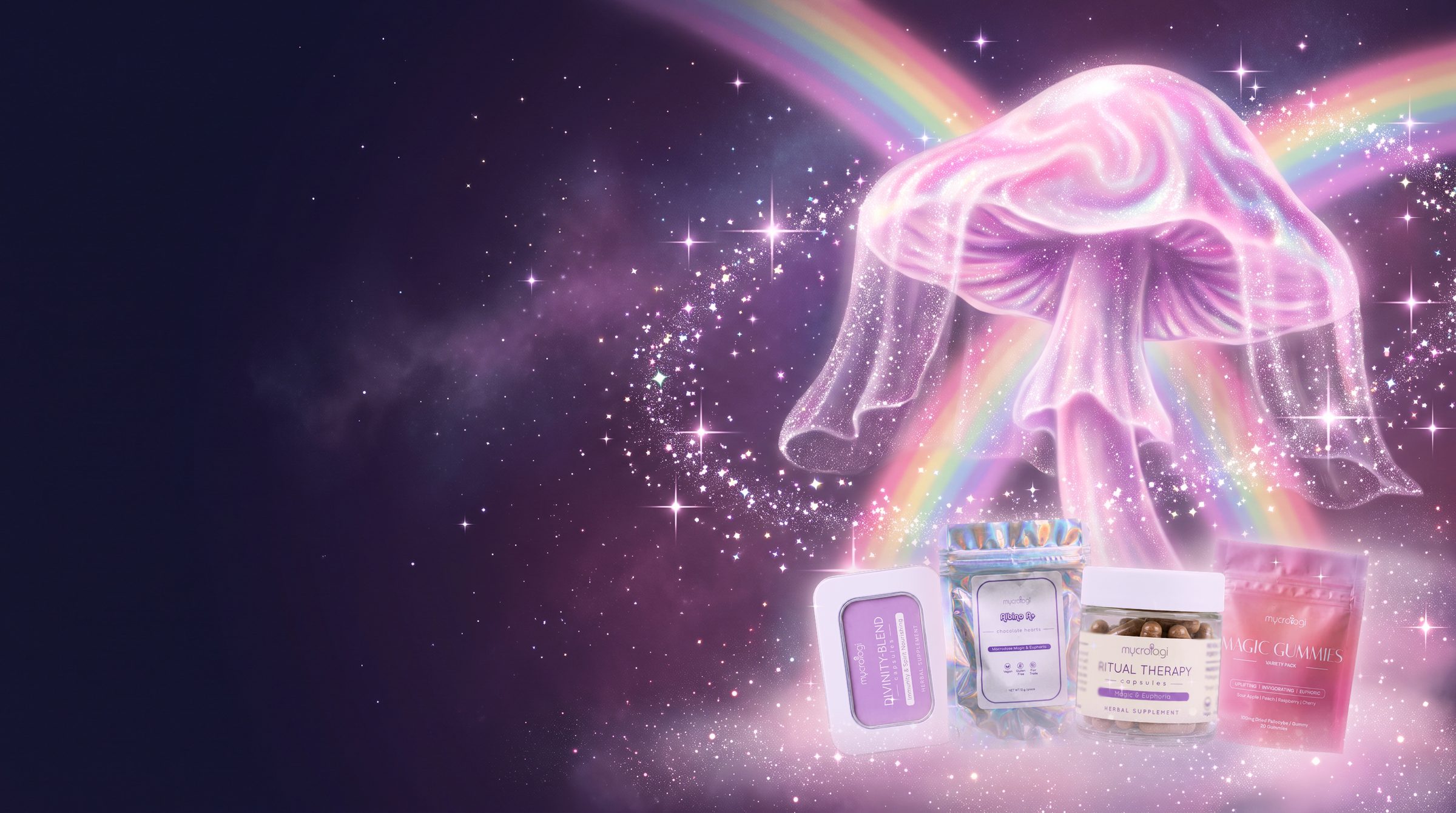 A glowing glitter mushroom spirit in a starry sky with rainbows, above Mycrologi Divinity-Blend, Albino A+ chocolate hearts, Ritual Therapy and Magic Gummies